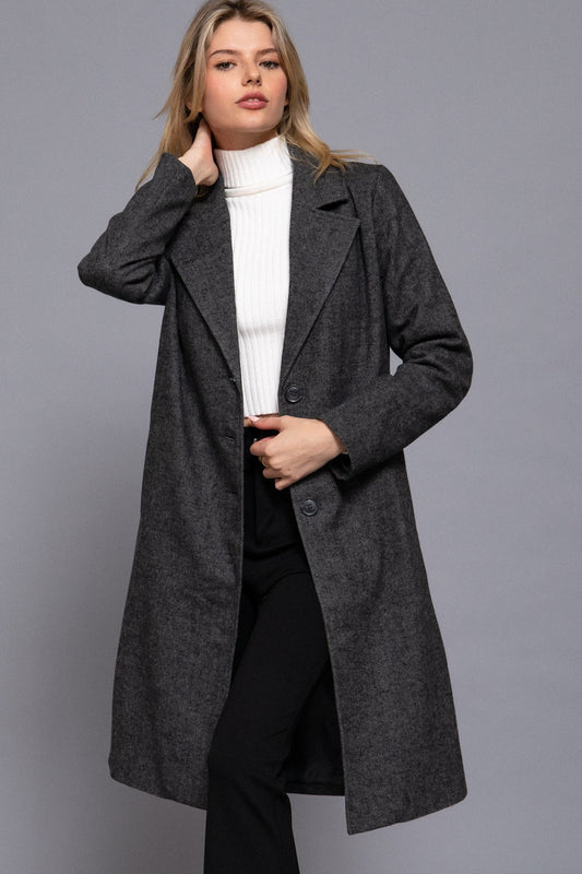Royce Herringbone Single Breasted Long Coat – Heathered Grey