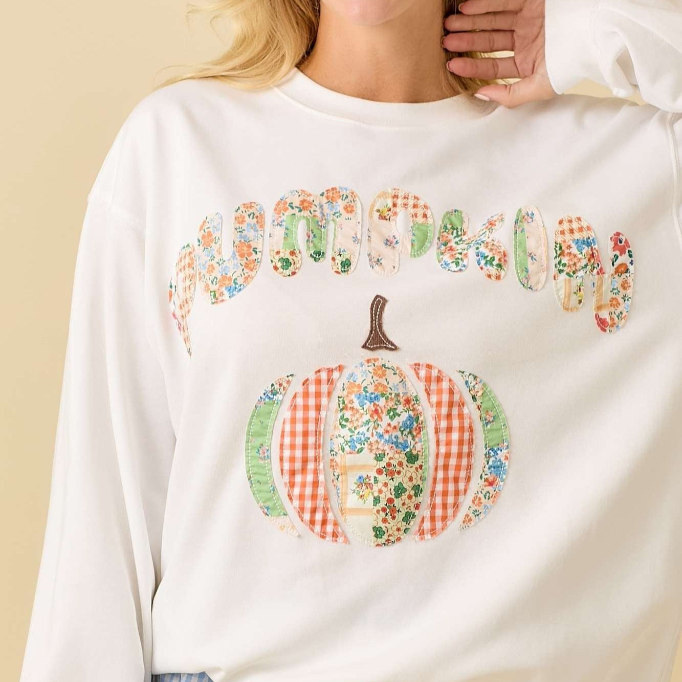Marleigh Pumpkin Patchwork Long Sleeve Crewneck – Fall Graphic Sweatshirt