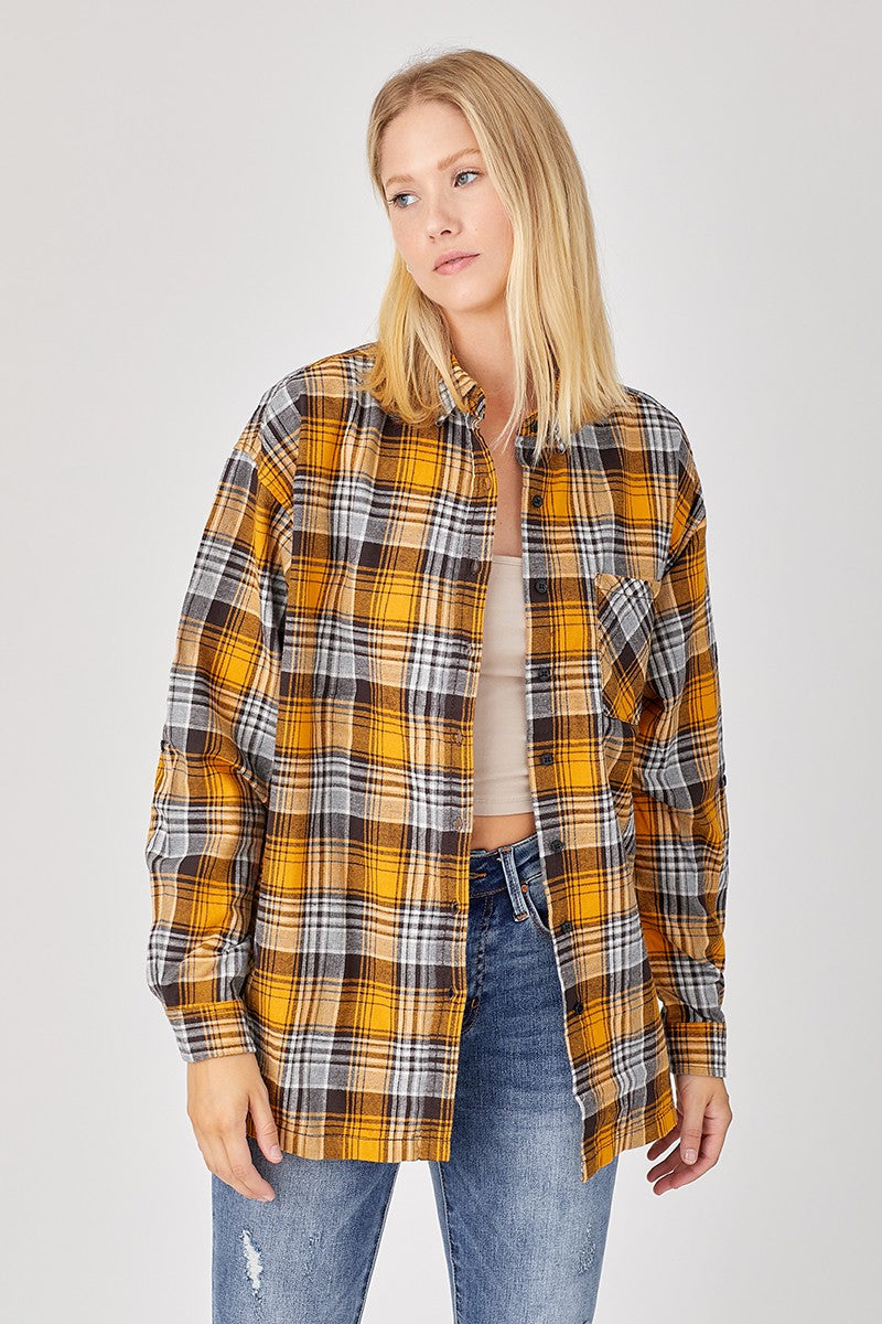 Hallie Yellow Buffalo Plaid Oversized Shirt – Classic 100% Cotton Button-Up