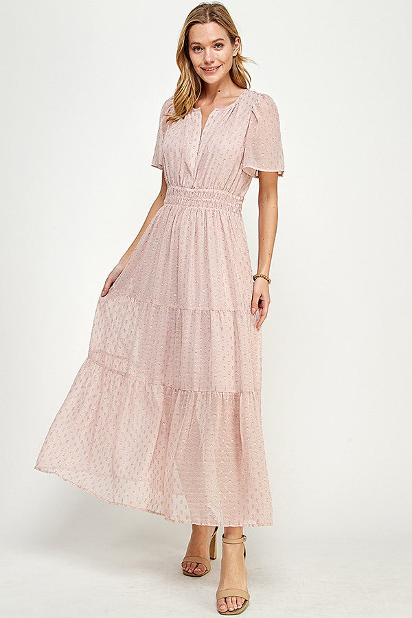 Sasha Blush Metallic Dot Tiered Midi Dress – Feminine Wedding Guest and Brunch Outfit