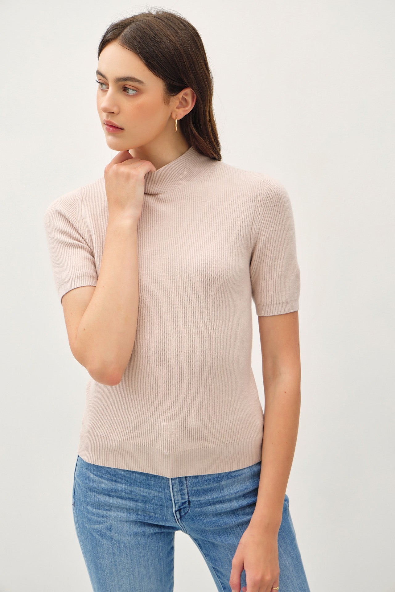 Whisper Mock Neck Short Sleeve Ribbed Knit Sweater | Chic Layering Essential