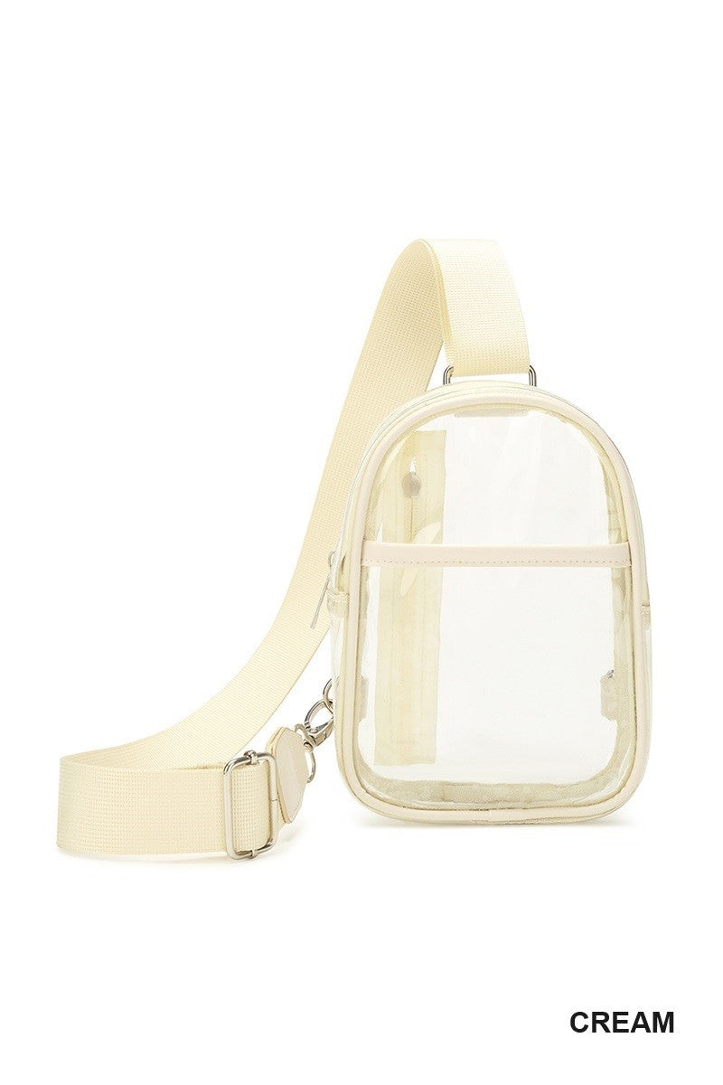Clear sling bag shown with phone and wallet inside, crossbody style