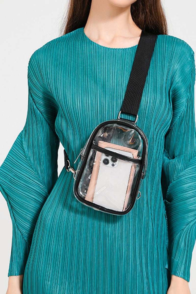 Clear sling bag shown with phone and wallet inside, crossbody style