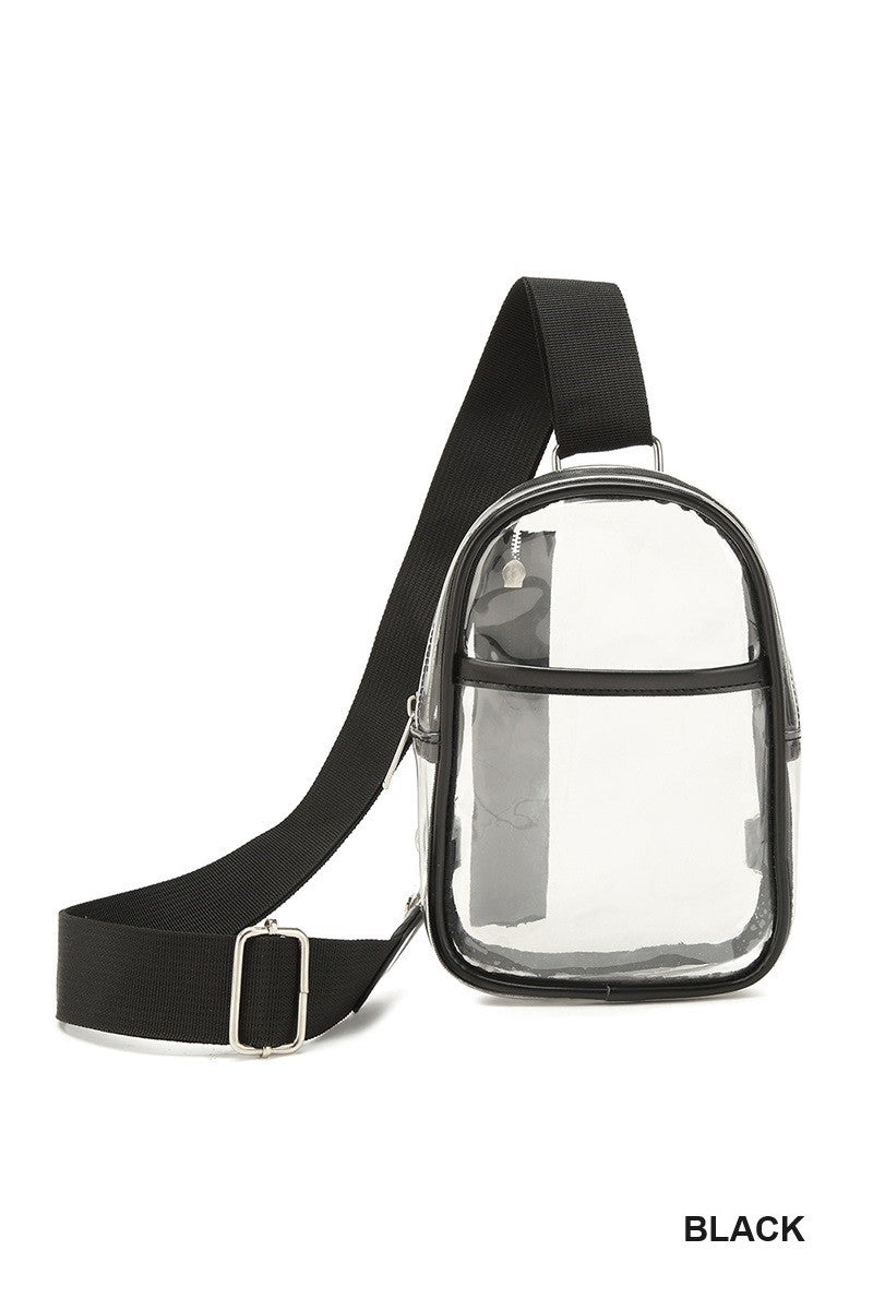 Clear sling bag shown with phone and wallet inside, crossbody style