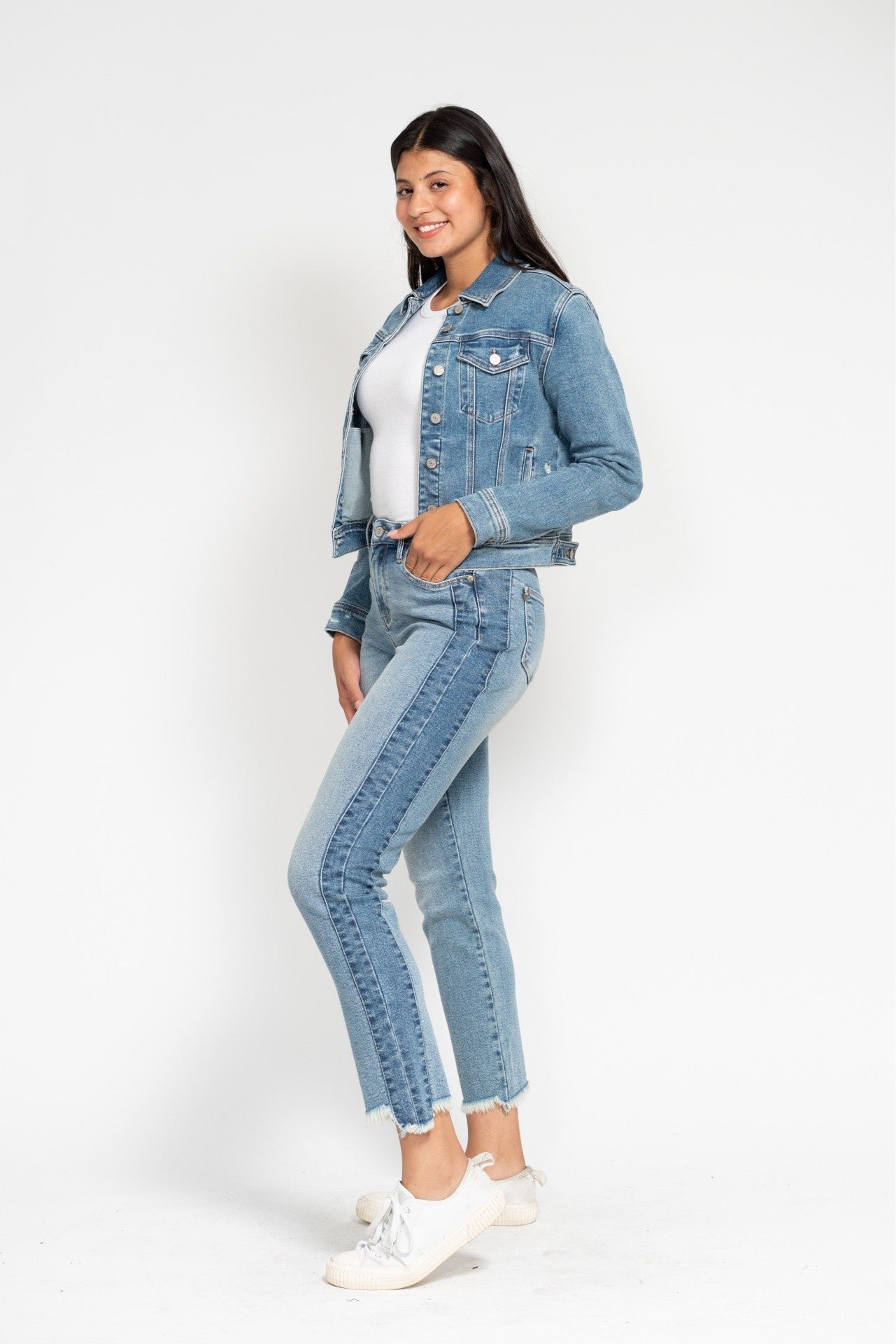 Judy Blue Jenny Vintage Wash Side Panel Slim Jeans with Fray Hem