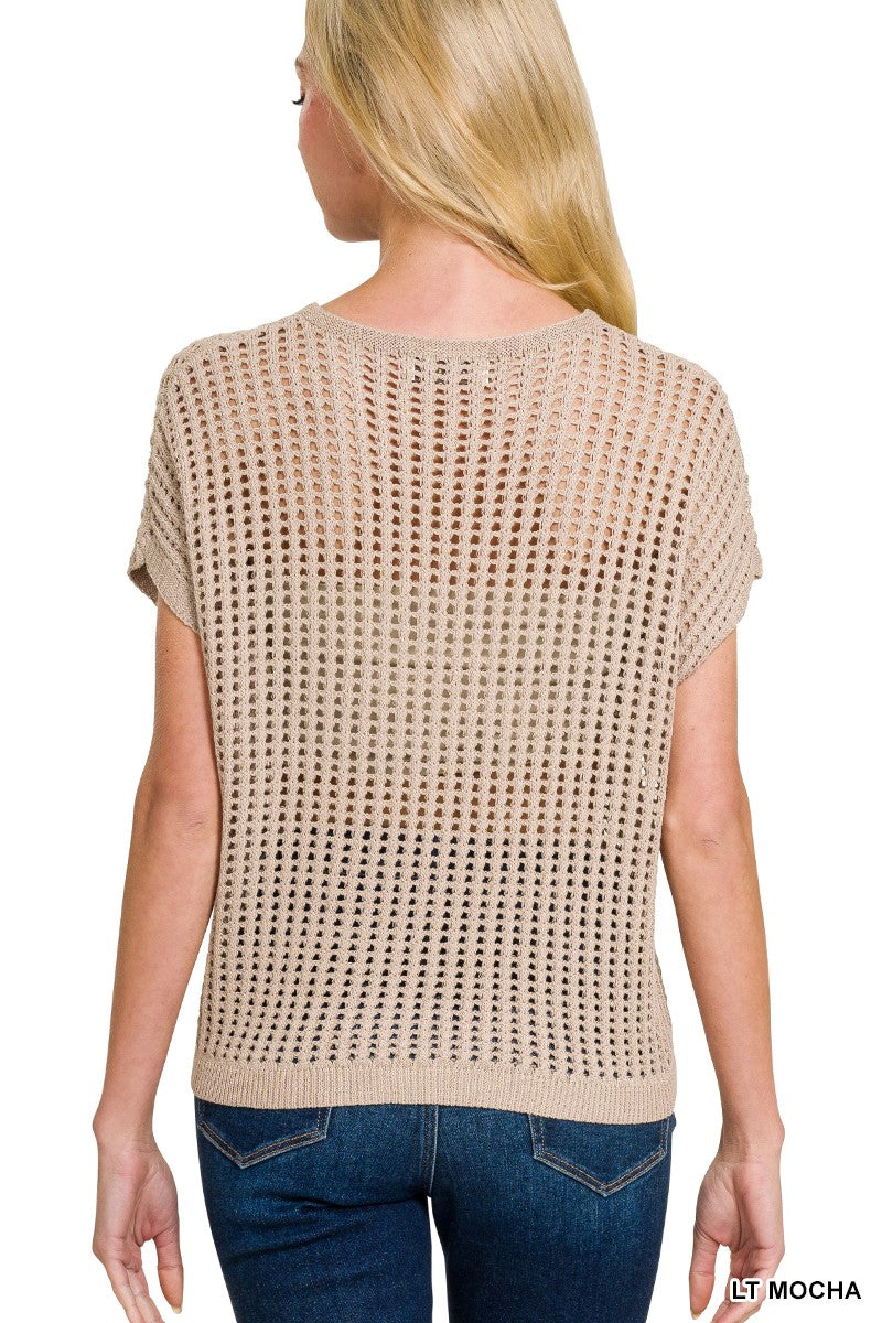 Emma crochet short sleeve sweater with open weave detail