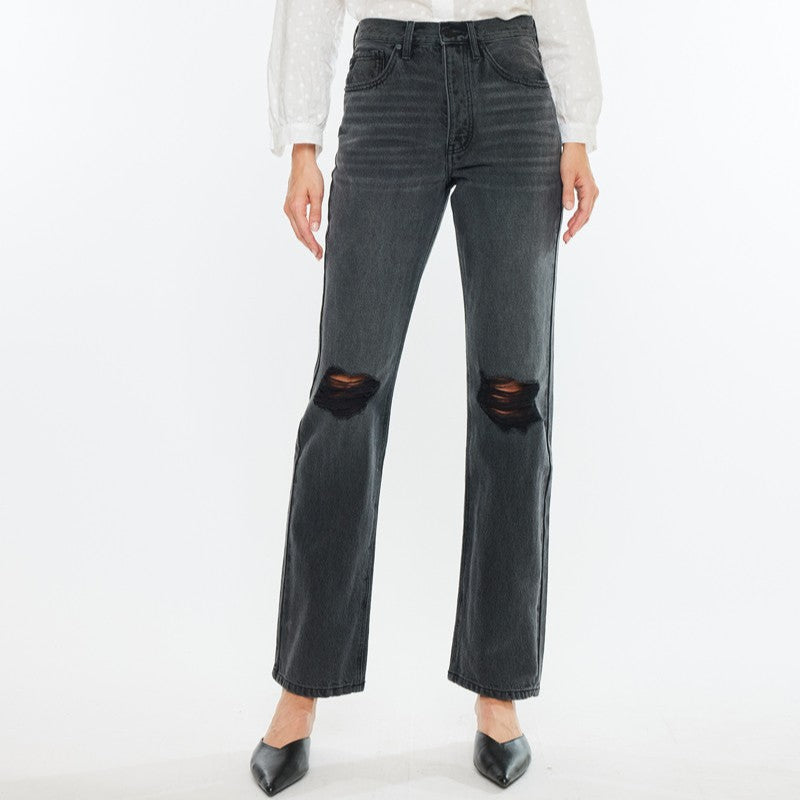 Kassie Ultra High Rise 90s Black Wash Distressed Jeans by KanCan with hidden button fly