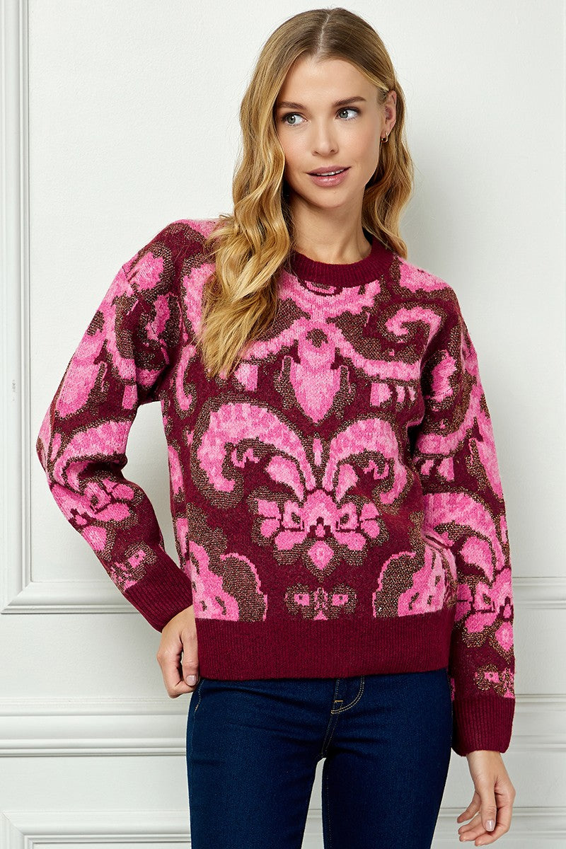 Shayla Jacquard Sweater – Burgundy & Pink Knit