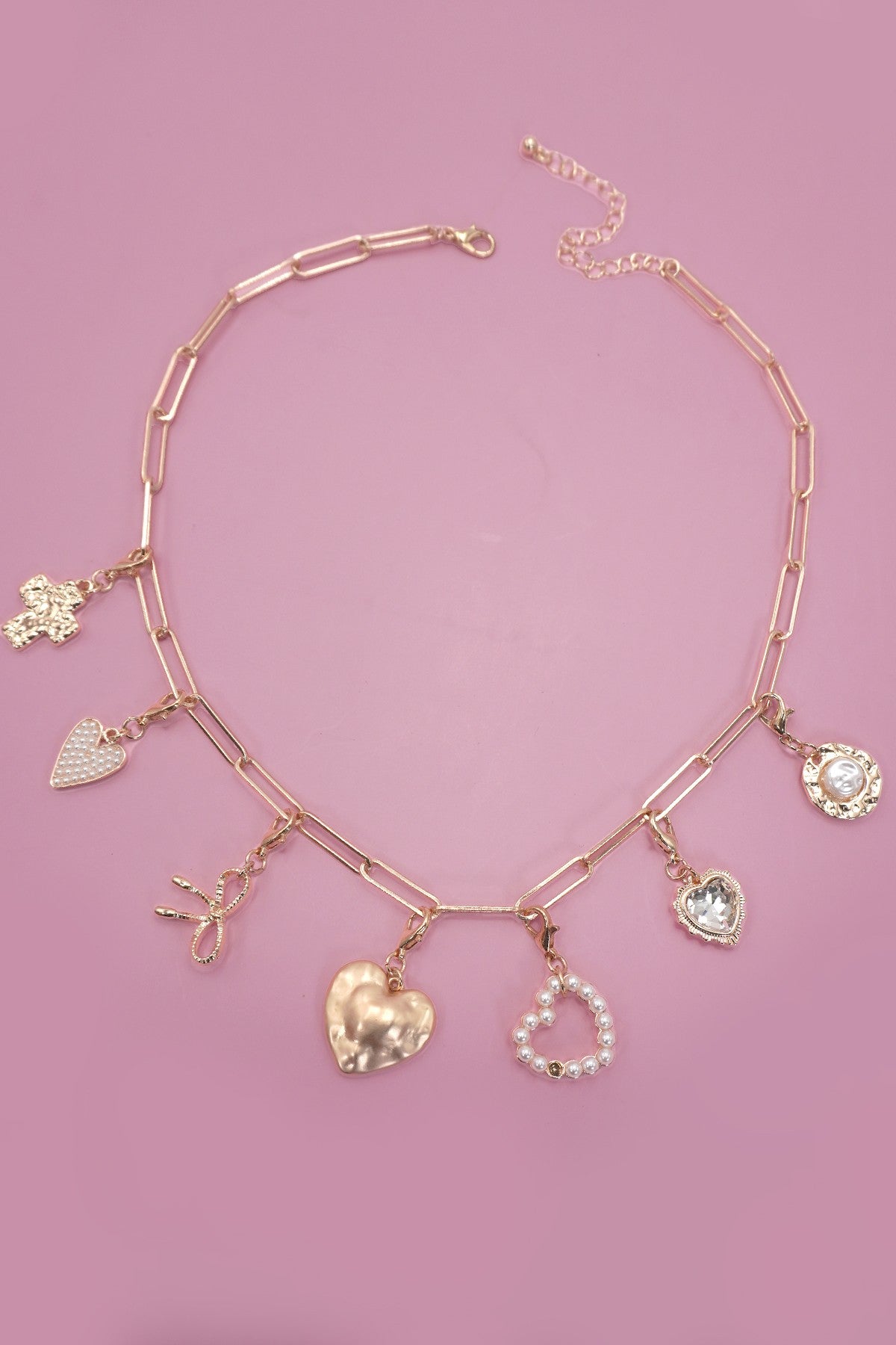 Gold-plated rhinestone rose and pearl charm toggle necklace on paperclip chain