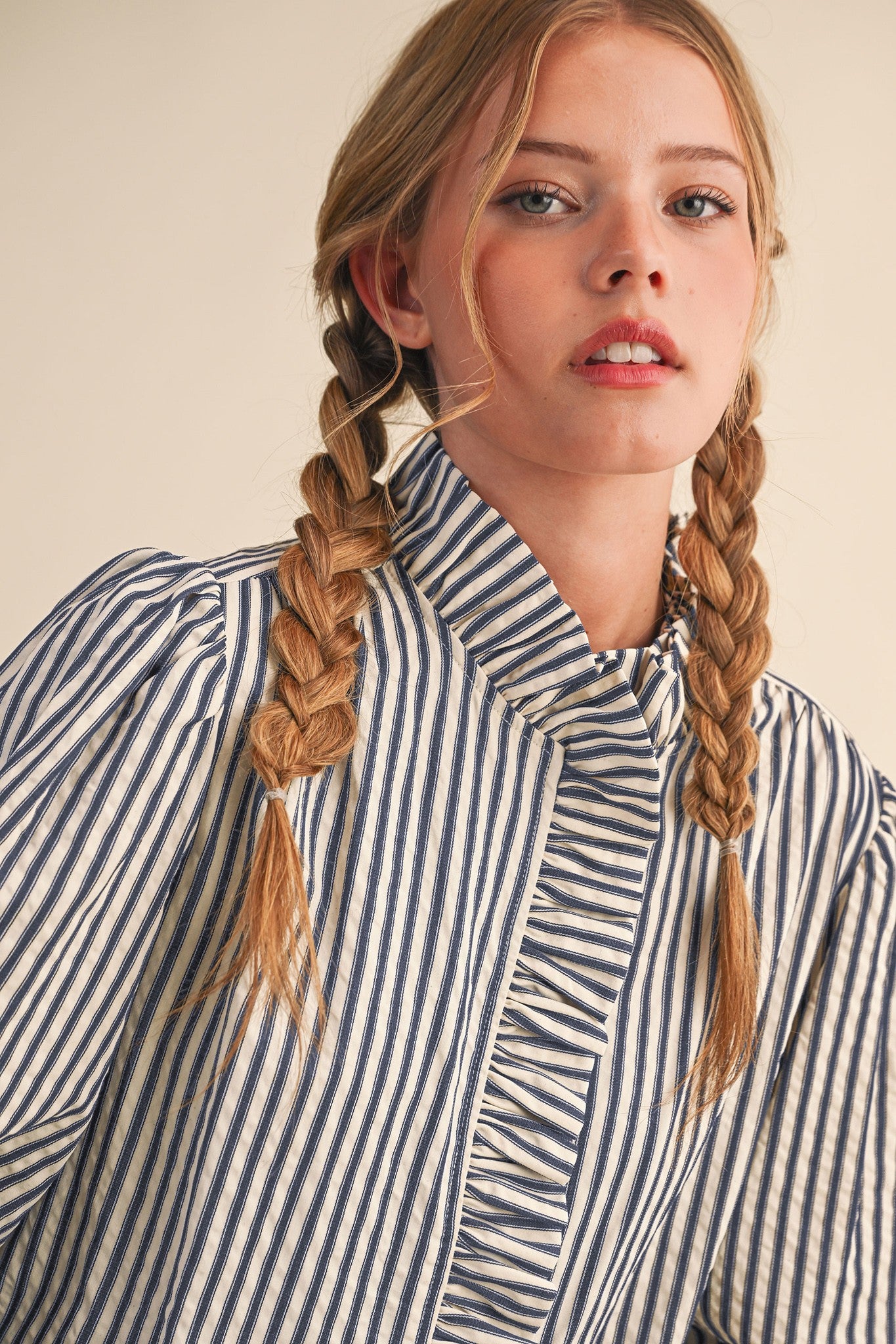 Halle Striped Ruffled Button Down Blouse | Long Sleeve Feminine Top