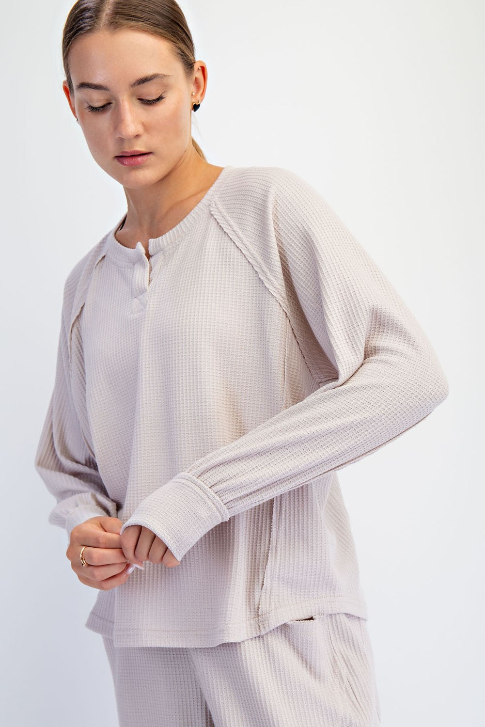 Regina Waffled Raglan Henley Long Sleeve Top