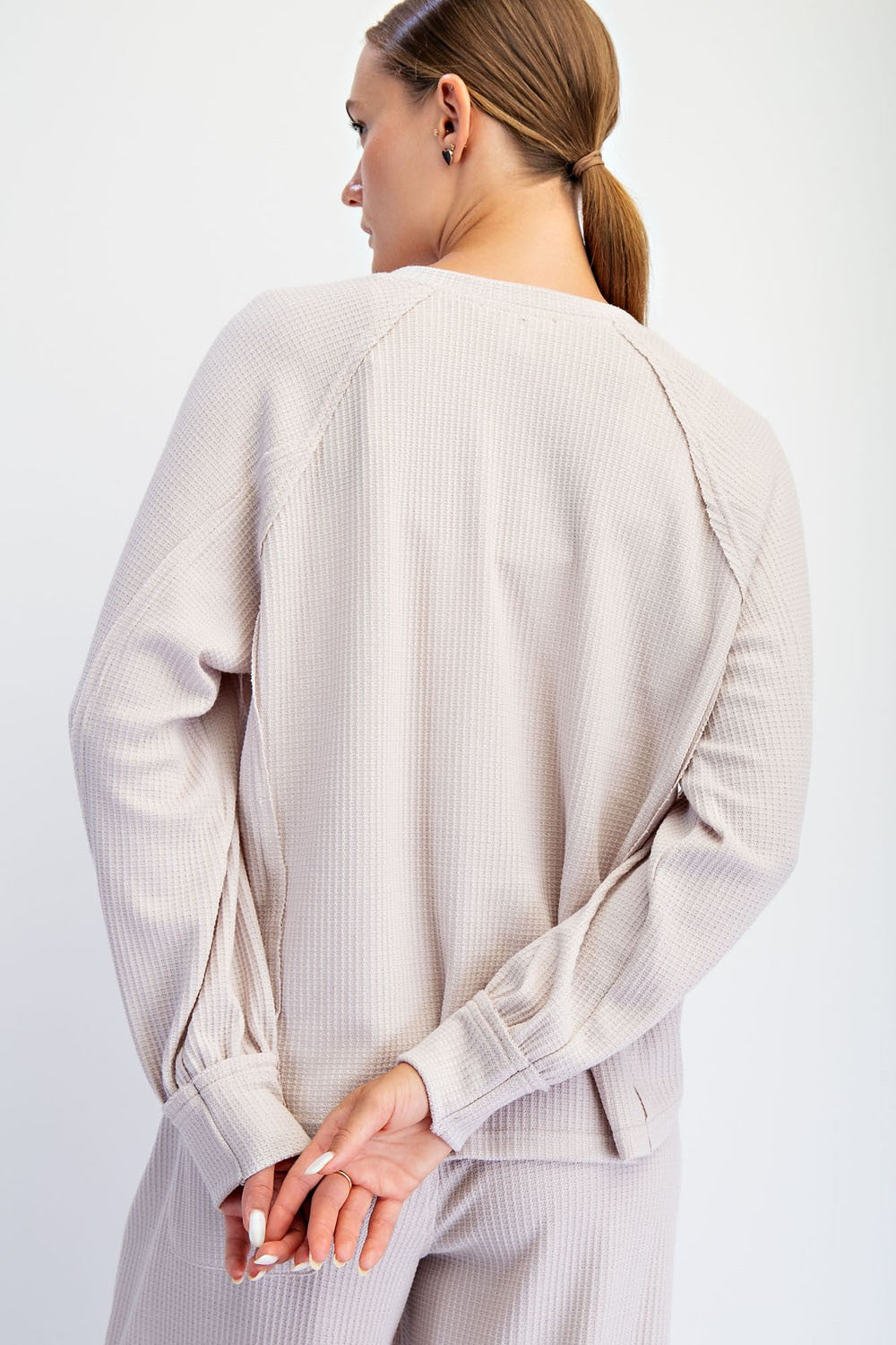 Regina Waffled Raglan Henley Long Sleeve Top