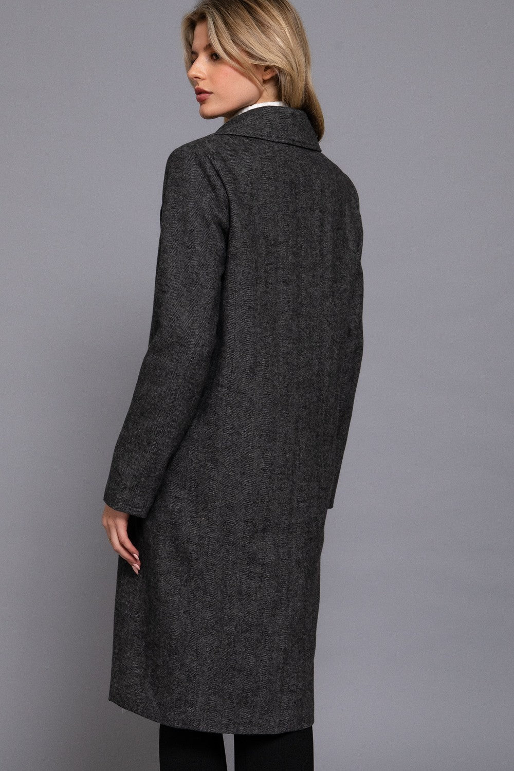 Royce Herringbone Single Breasted Long Coat – Heathered Grey