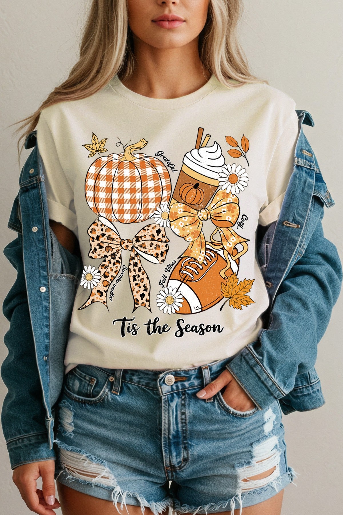 'Tis the Season Fall Vibes Graphic Tee β Pumpkin, Latte & Football Shirt