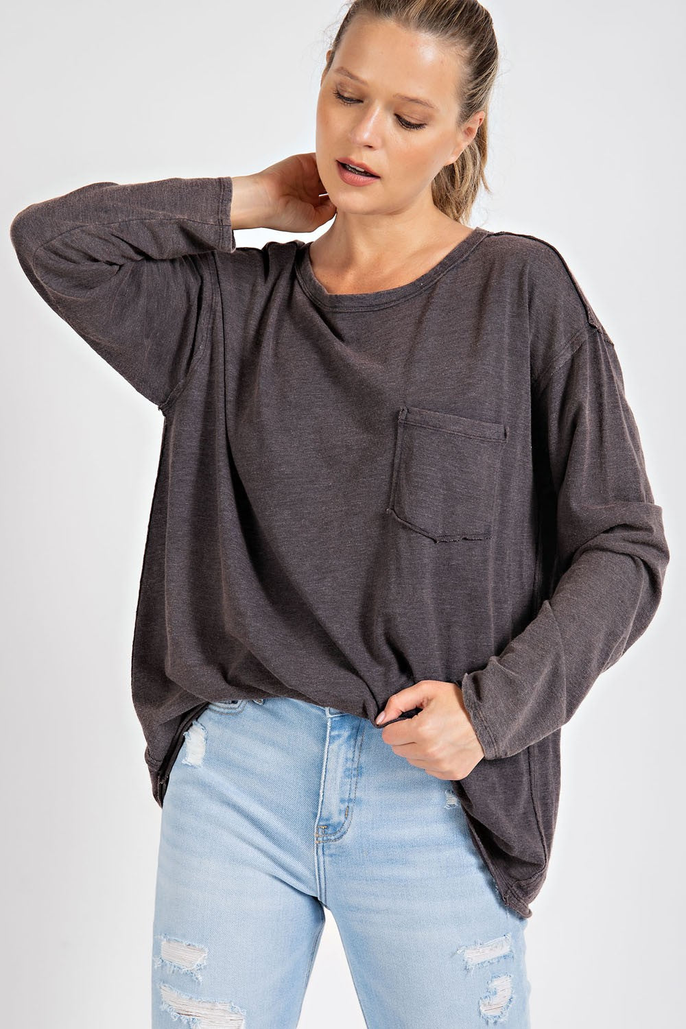 Archie Mineral Washed Long Sleeve Top – Soft Round Neck Pocket Tee