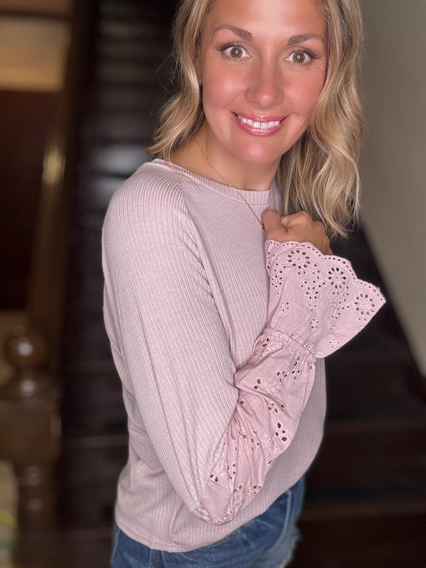 Ribbed Long Sleeve Top with Eyelet Details
