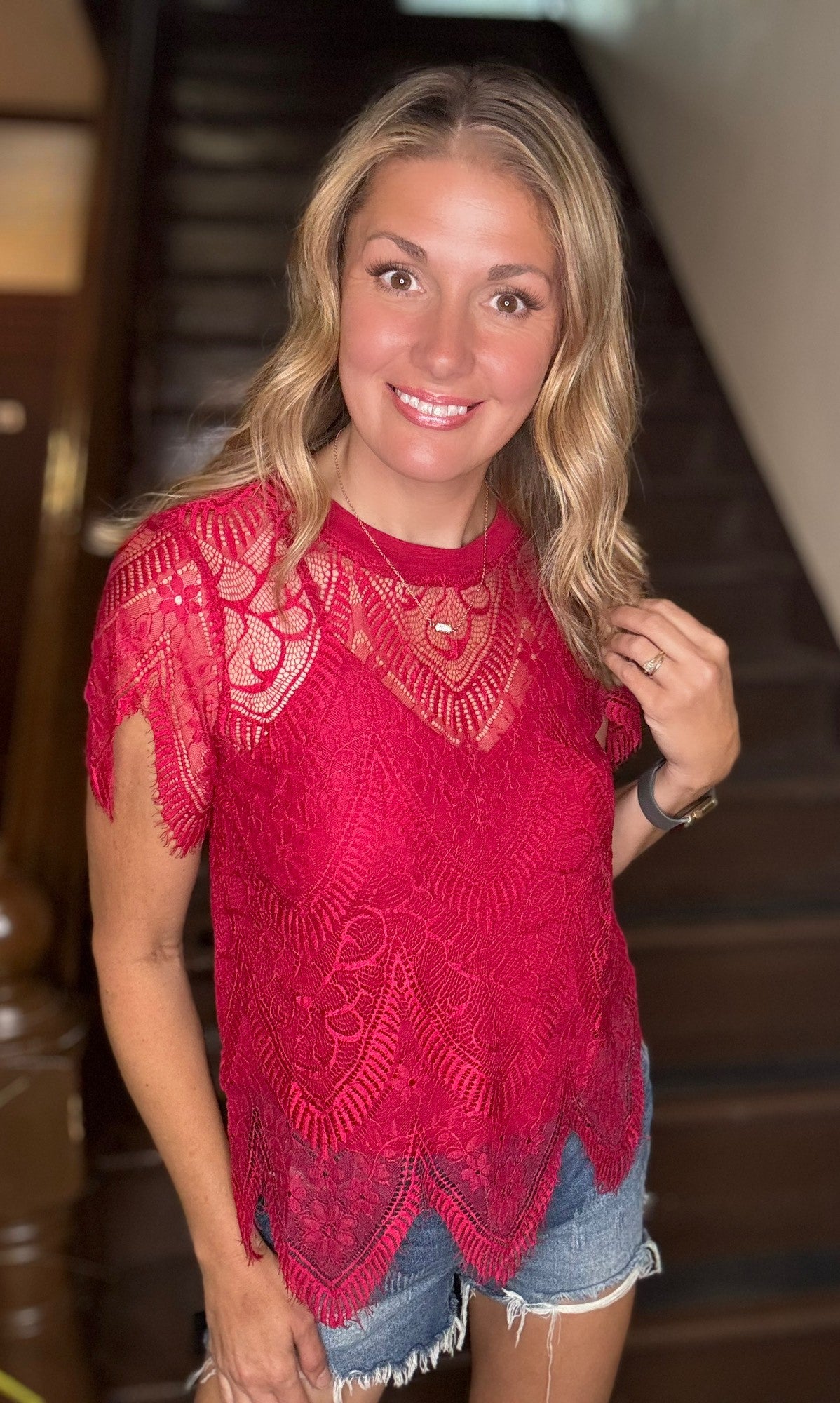 Sheer lace overlay top with matching cami and scalloped fringe