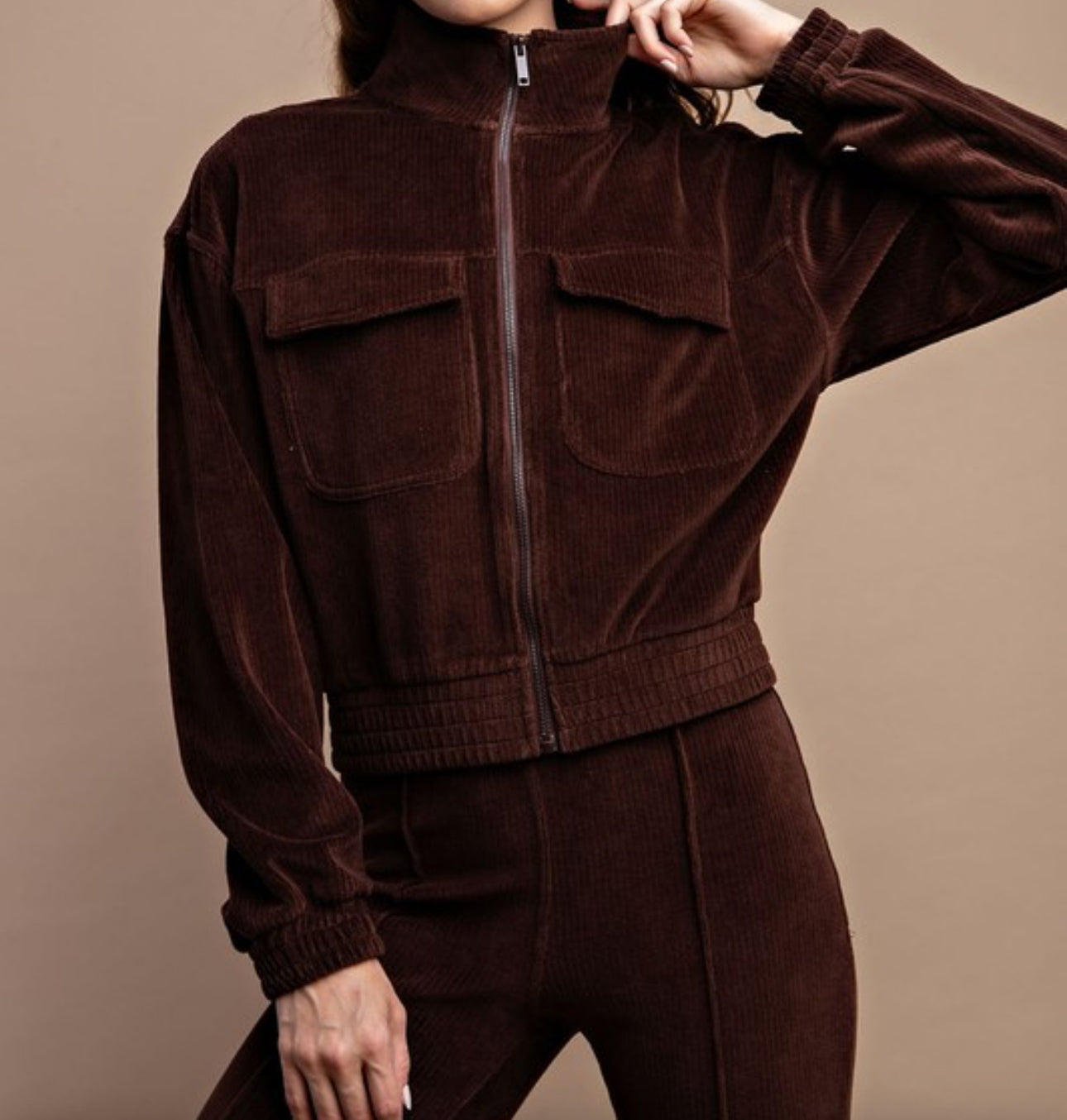 Model wearing Maryssa Corduroy Jacket with mock neck, full zip, and chest pockets