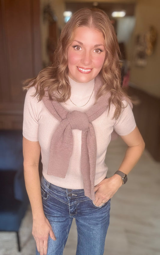 Whisper Mock Neck Short Sleeve Ribbed Knit Sweater | Chic Layering Essential