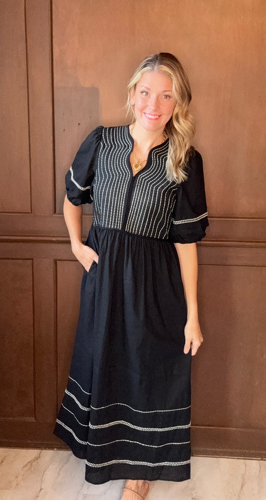 Sasha Black with White Trim Cotton Midi Dress – Classic Lined