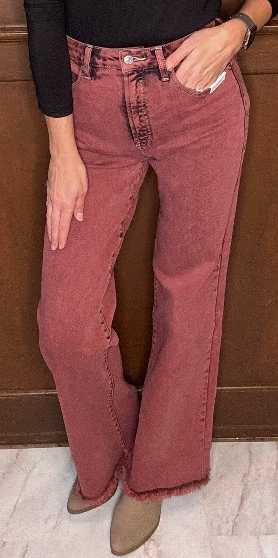 Mulberry Tummy Control Burgundy High Rise Flare Jeans – Stretch Denim