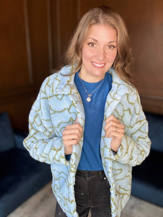 Calissa Printed Teddy Jacket – Cozy Blue & Green Statement Outerwear
