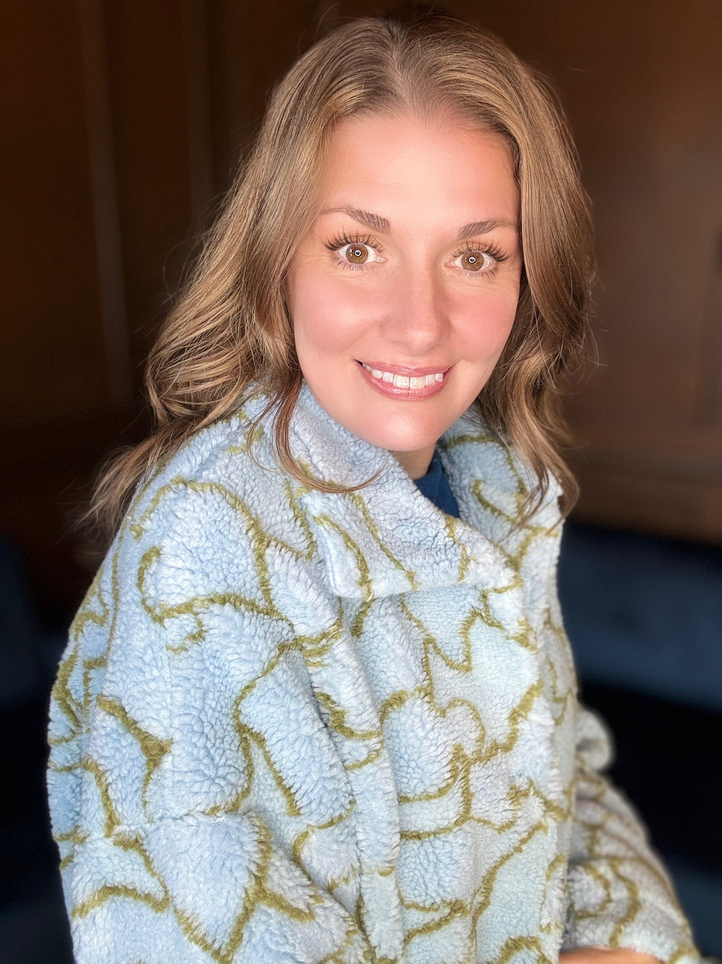 Calissa Printed Teddy Jacket – Cozy Blue & Green Statement Outerwear
