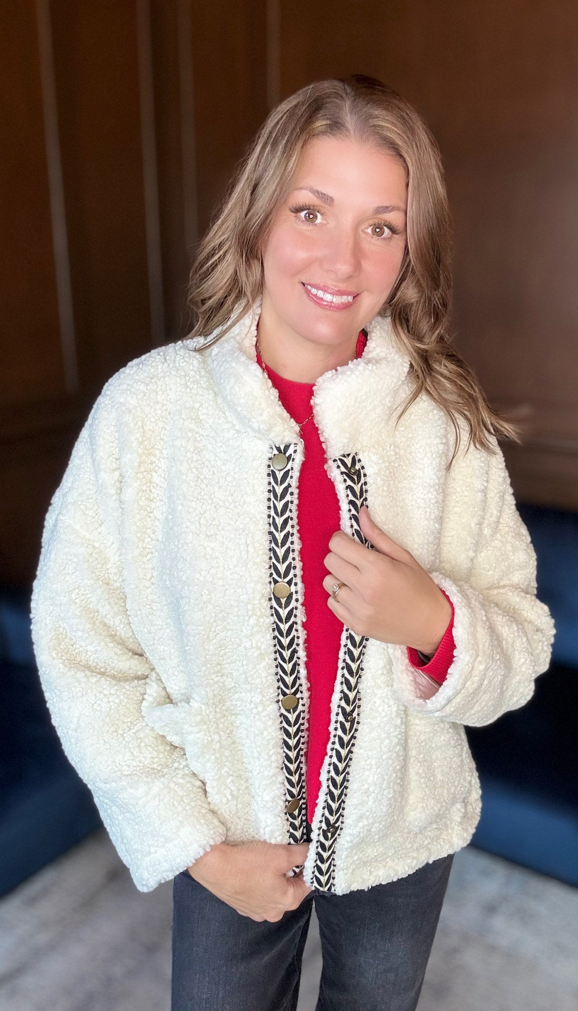 Chancie Teddy Jacket with Tape Trim Detail – Ivory Cozy Statement Layer