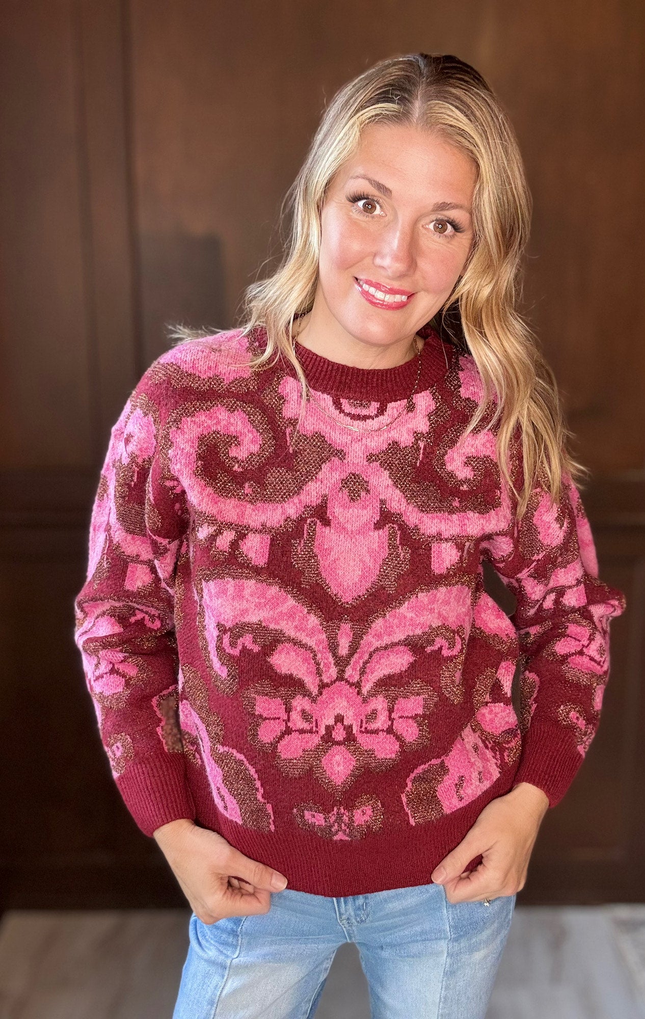 Shayla Jacquard Sweater – Burgundy & Pink Knit