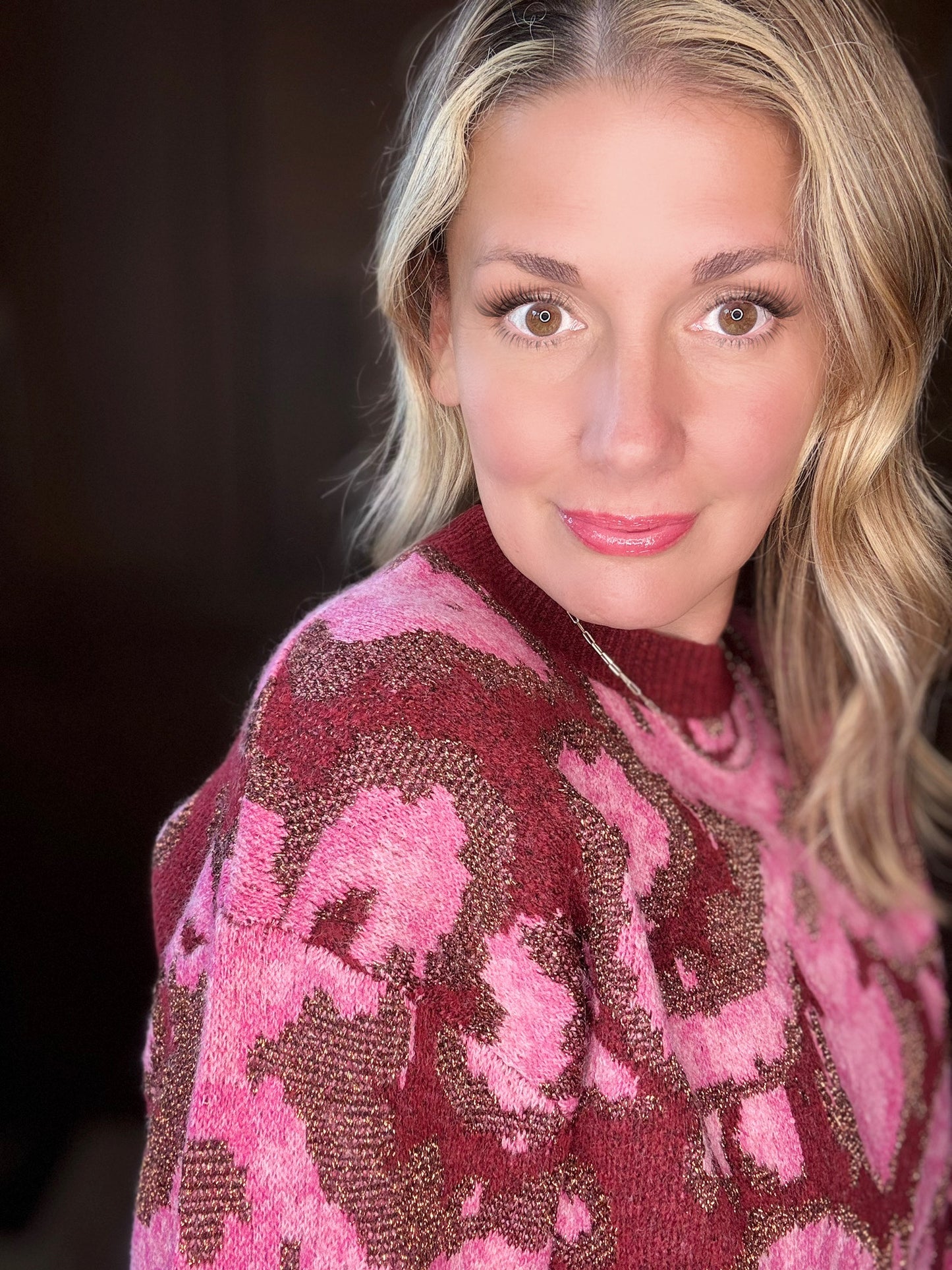 Shayla Jacquard Sweater – Burgundy & Pink Knit