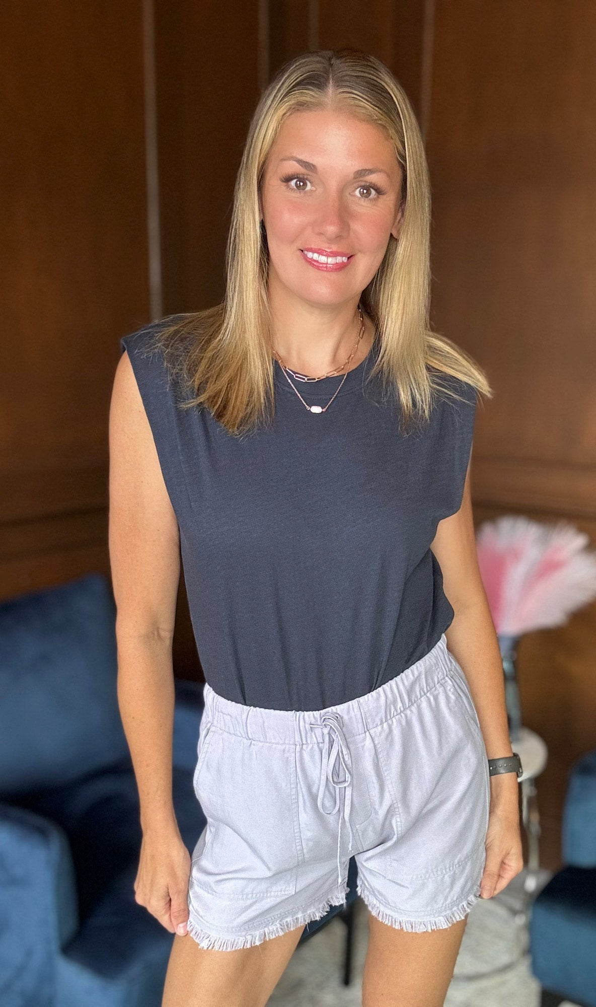 Navy Winry bodysuit styled with tencel shorts