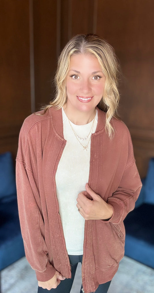 Birdie Washed Cotton Exposed Seam Bomber Jacket