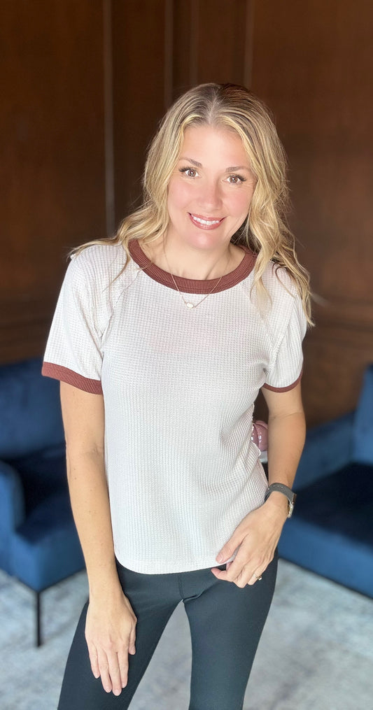 Raze Textured Waffle Tee β Raw Edge Everyday Top in Taupe & Rust