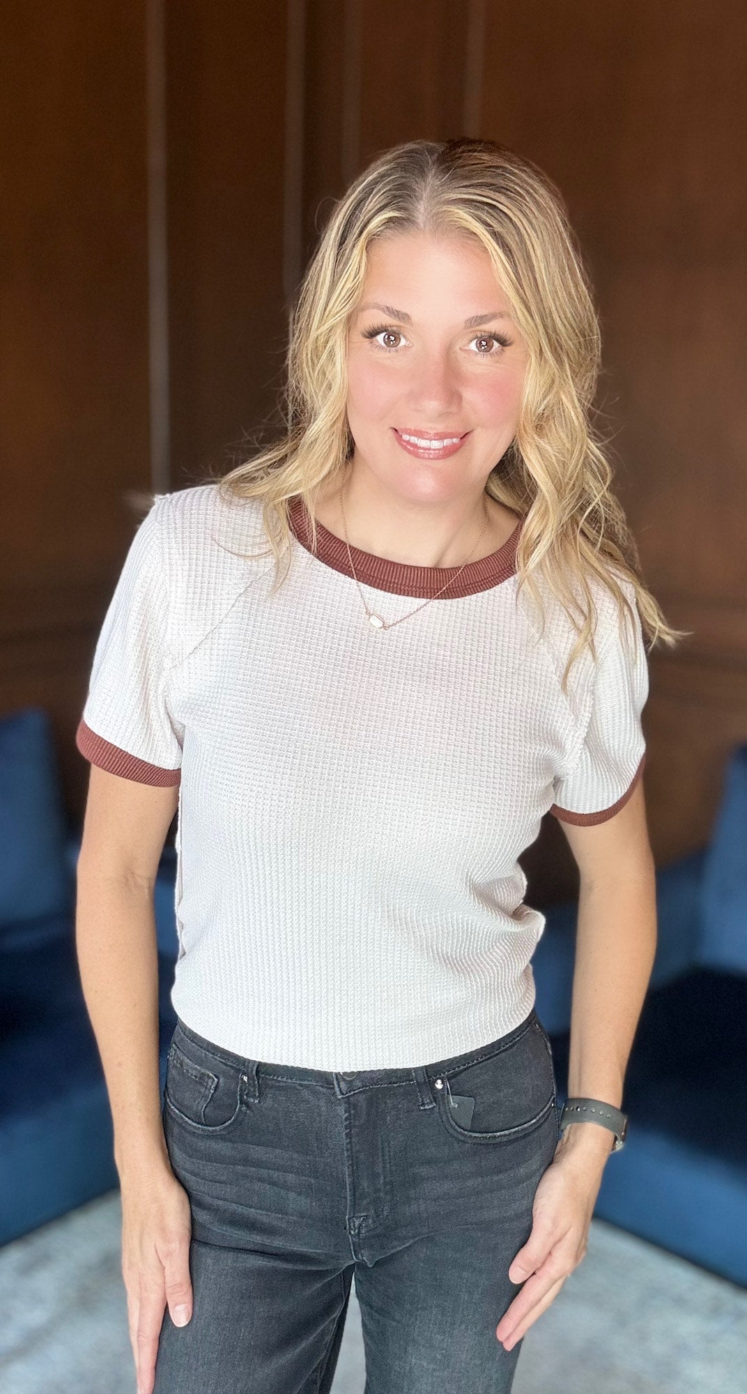 Raze Textured Waffle Tee – Raw Edge Everyday Top in Taupe & Rust