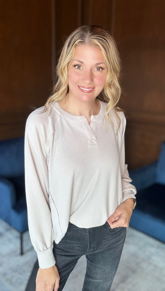 Regina Waffled Raglan Henley Long Sleeve Top