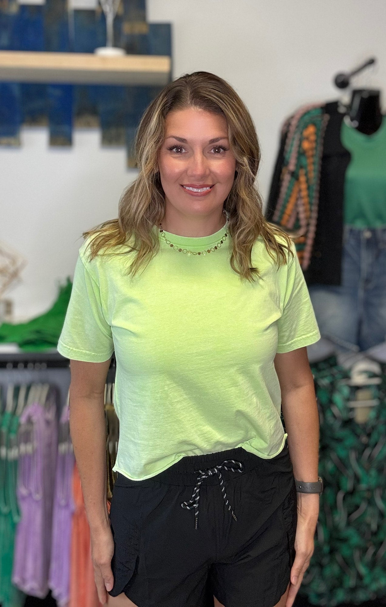 Zia Lime Relaxed Fit Raw Hem Crop Basic Tee