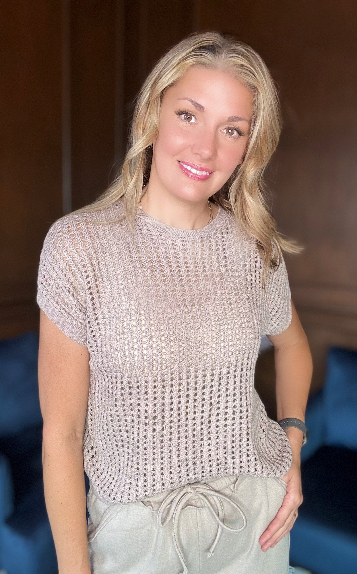 Emma crochet short sleeve sweater with open weave detail