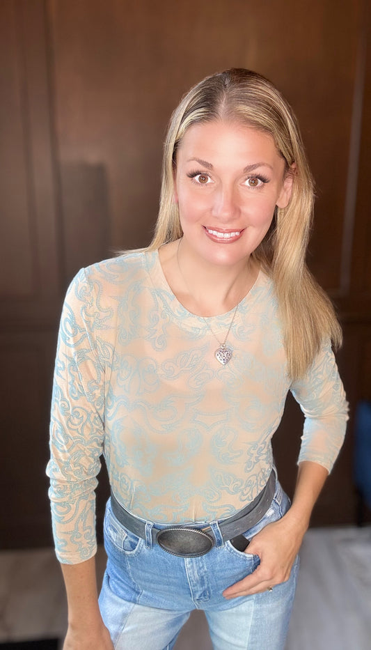 Lulu Camel & Light Blue Bootstitch Embroidered Mesh Long Sleeve Top | Western Cowgirl Rodeo Blouse