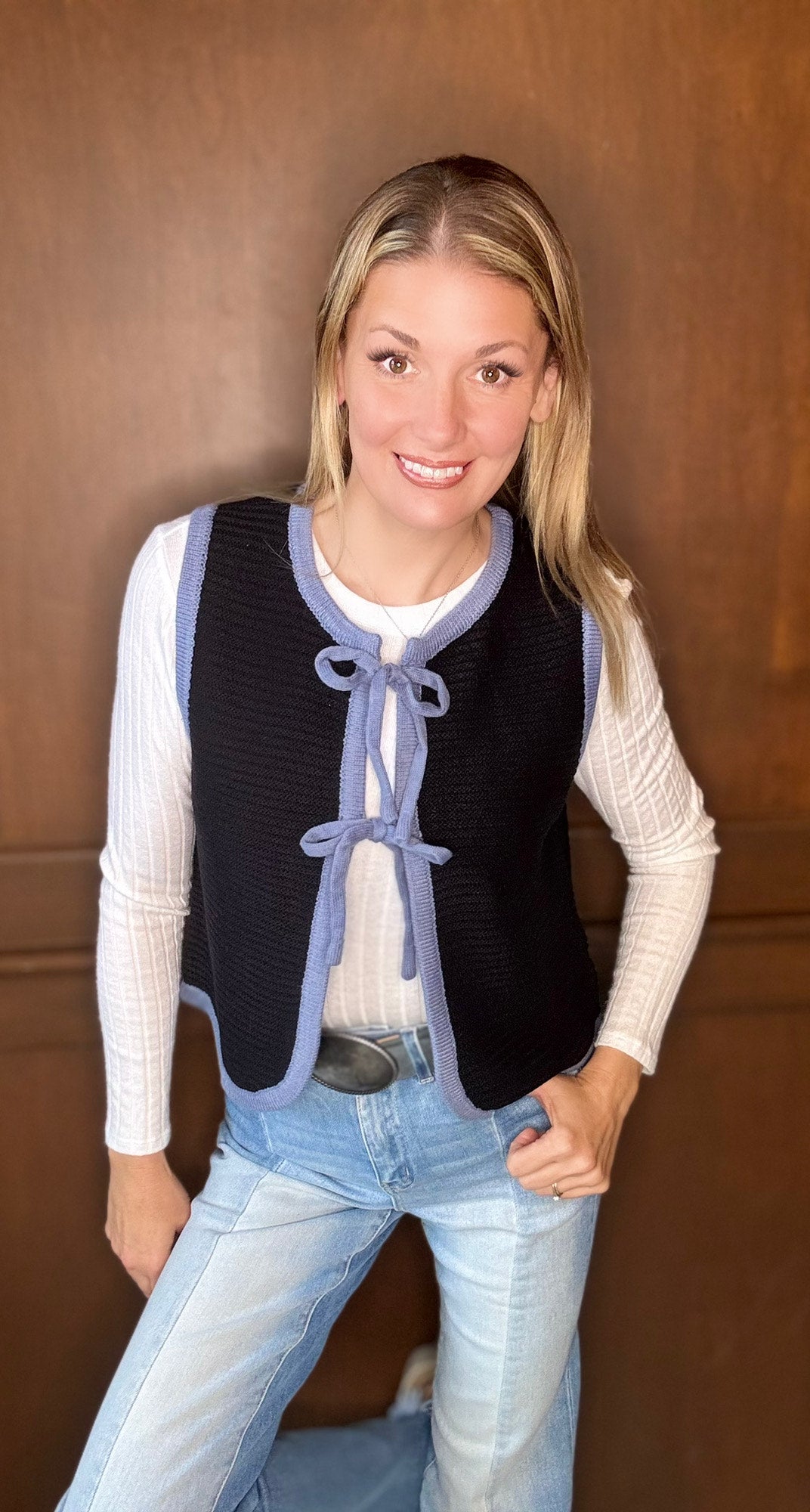 Kelsea Two-Tone Tie Front Knit Vest – Western Inspired Layering Piece