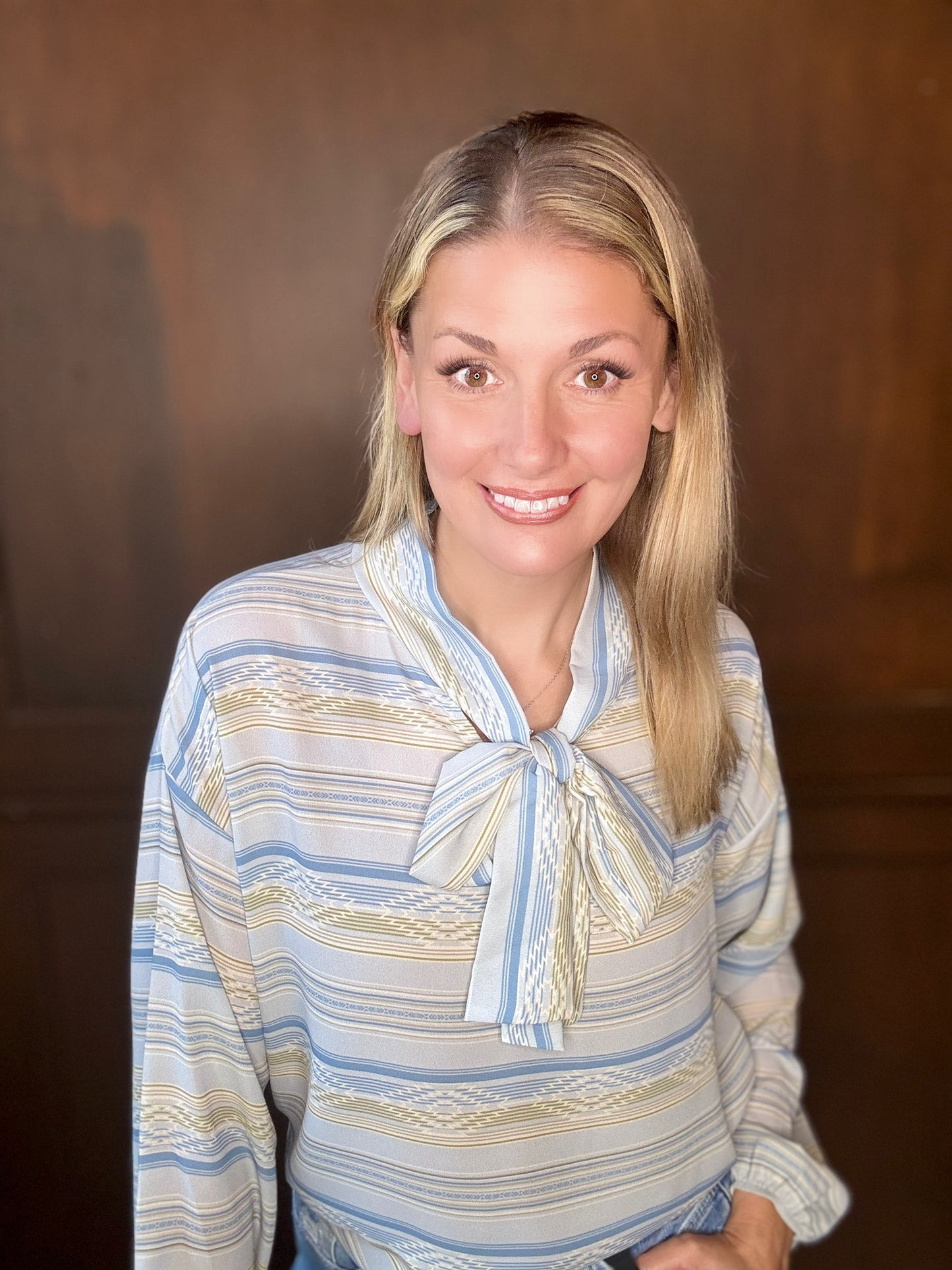 Leslie Blue Aztec Serape Print Long Sleeve Blouse with Tie Neck | Western Boho Cowgirl Top