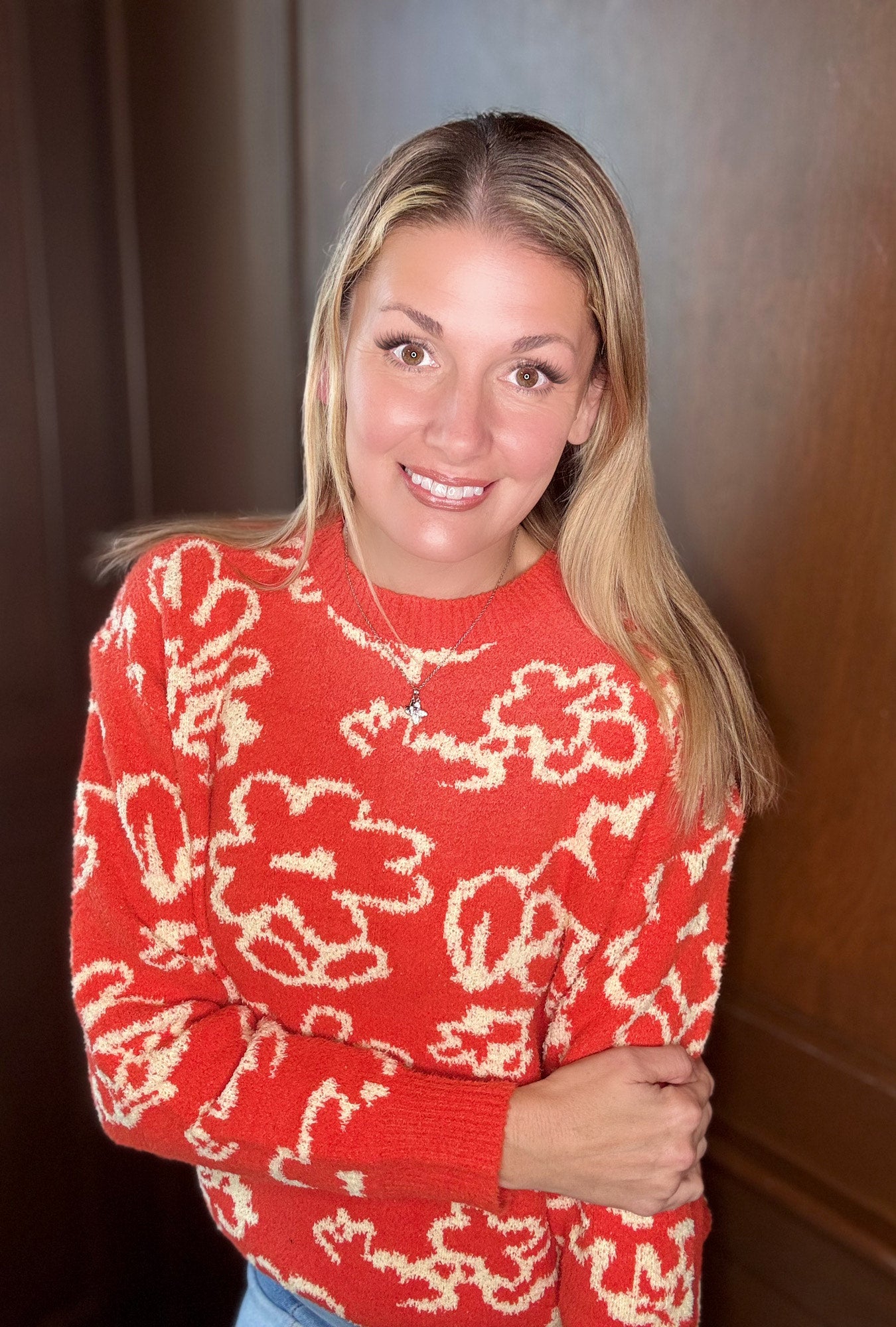 Perfect Orange Boucle Floral Knit Sweater – Cozy Statement Layer