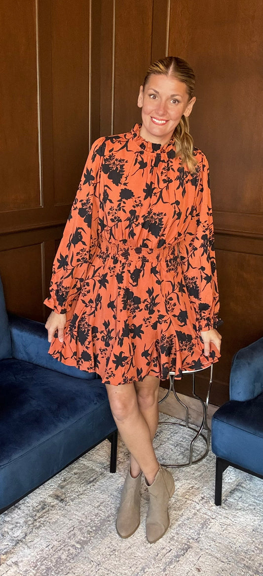 Women’s Smocked Waist Rust Floral Mini Dress