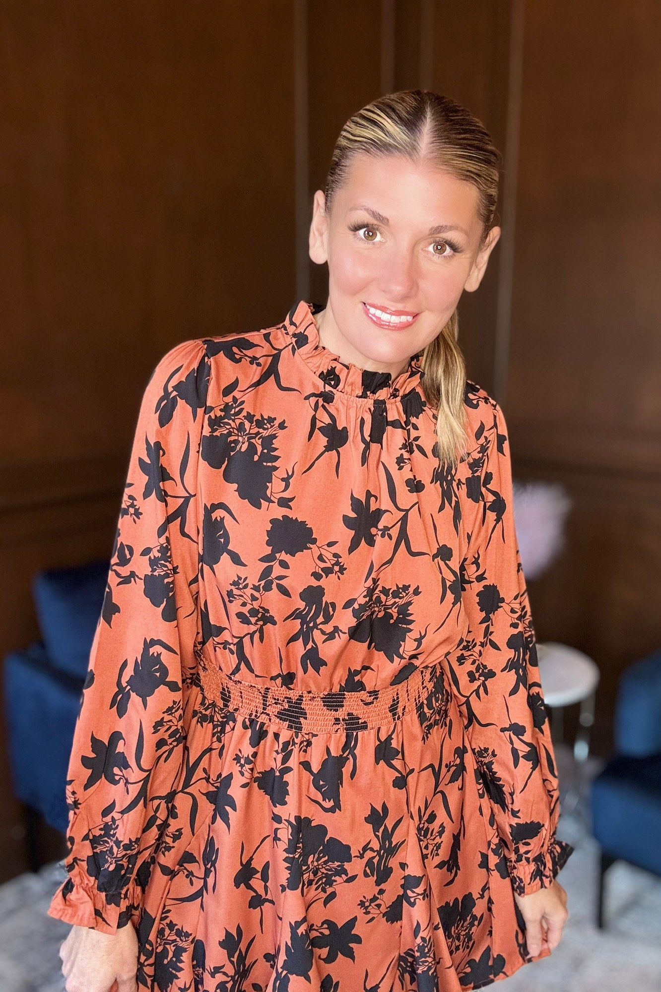 Women’s Smocked Waist Rust Floral Mini Dress