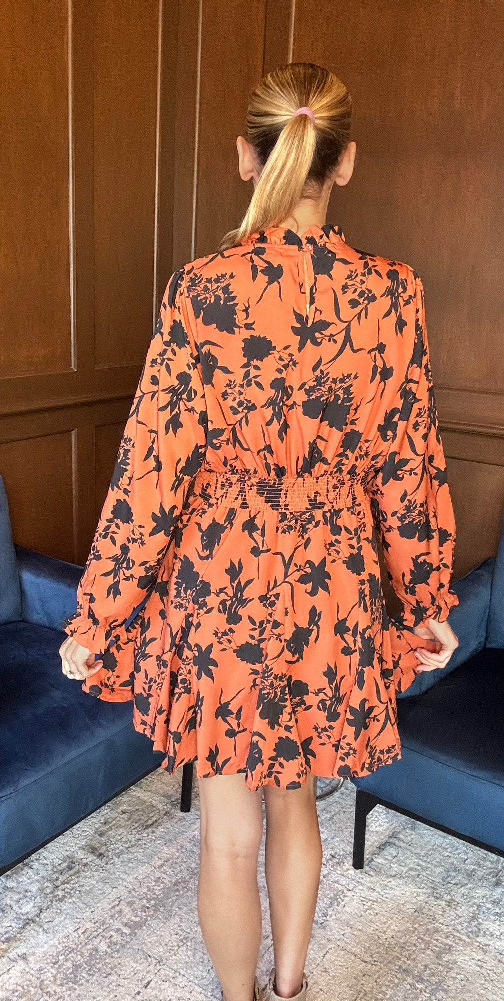 Bellie Rust & Black Floral Mock Neck Dress
