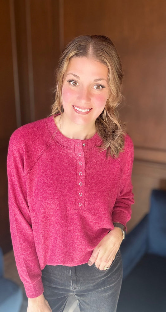 Maxine Brushed MΓ©lange Hacci Oversized Henley Sweater β 7-Button Hi-Low Pullover