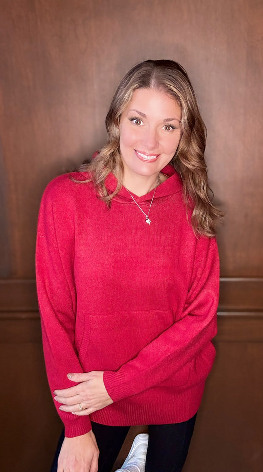 Osage Oversized Knit Hoodie Sweater – Cozy Fall Essential in Evergreen, Grey & Red