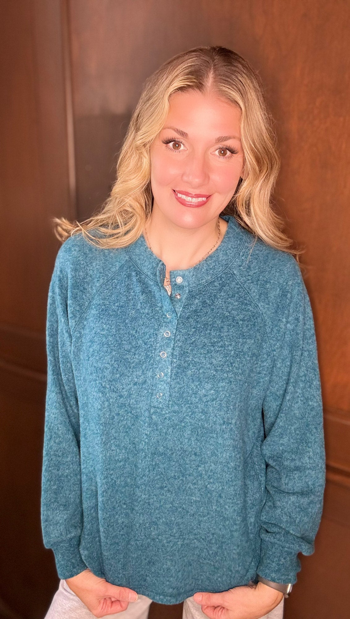 Maxine Brushed Mélange Hacci Oversized Henley Sweater – 7-Button Hi-Low Pullover