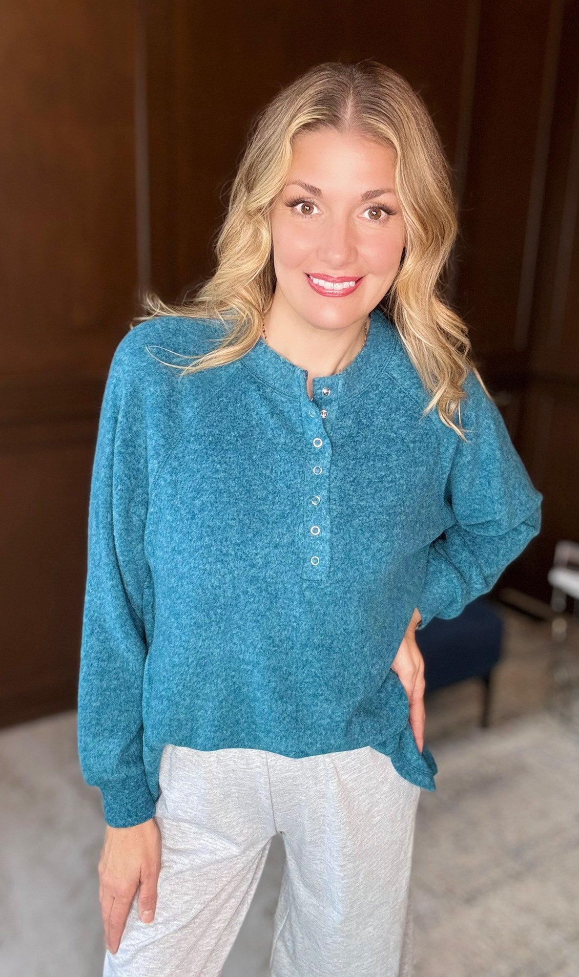 Maxine Brushed Mélange Hacci Oversized Henley Sweater – 7-Button Hi-Low Pullover