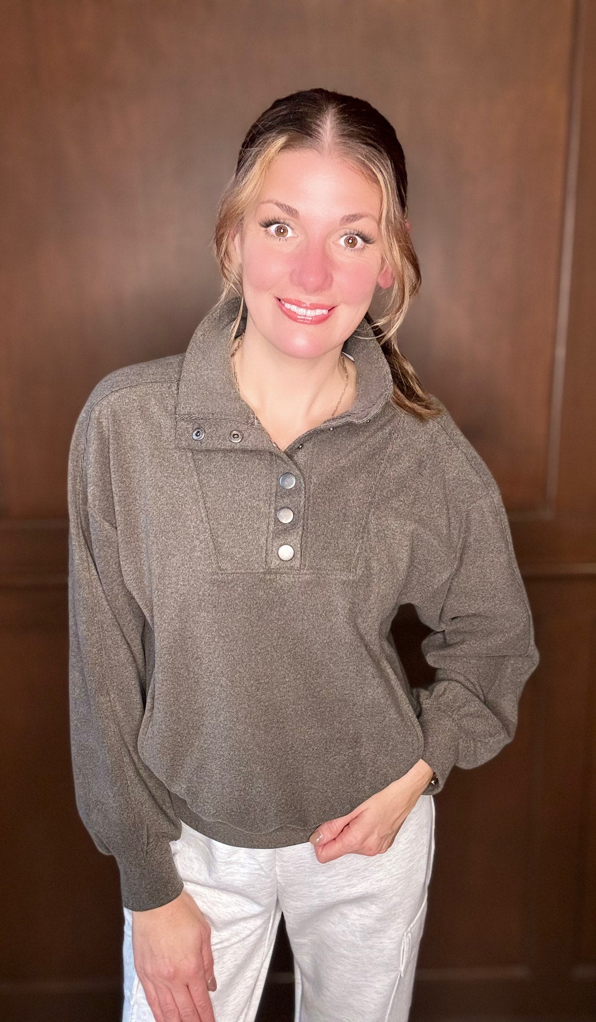 Jasper Rib Brushed Half Snap Long Sleeve Top – Olive Cozy Textured Pullover