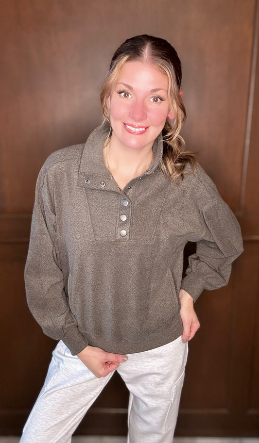 Jasper Rib Brushed Half Snap Long Sleeve Top β Olive Cozy Textured Pullover